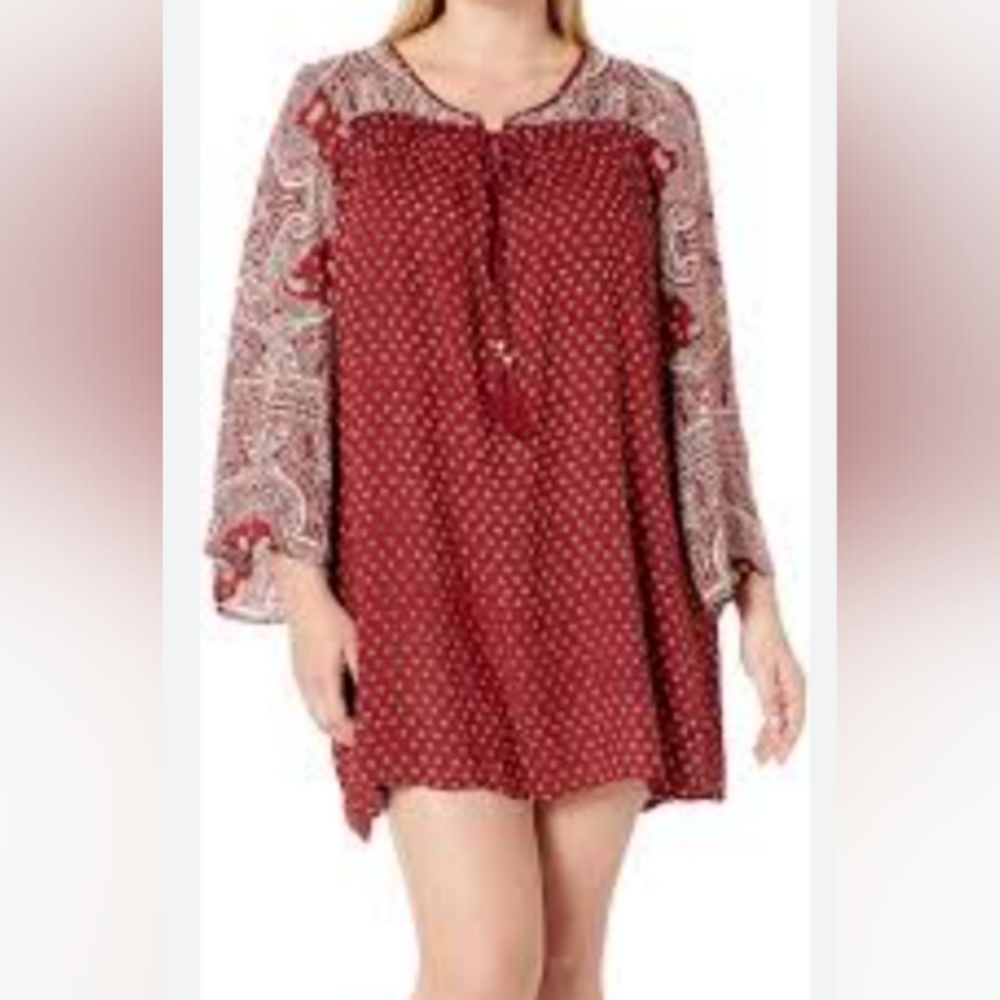 Angie Peasant Boho Paisley Modern Casual Print Mini Shirt Dress Ladies Sz Small